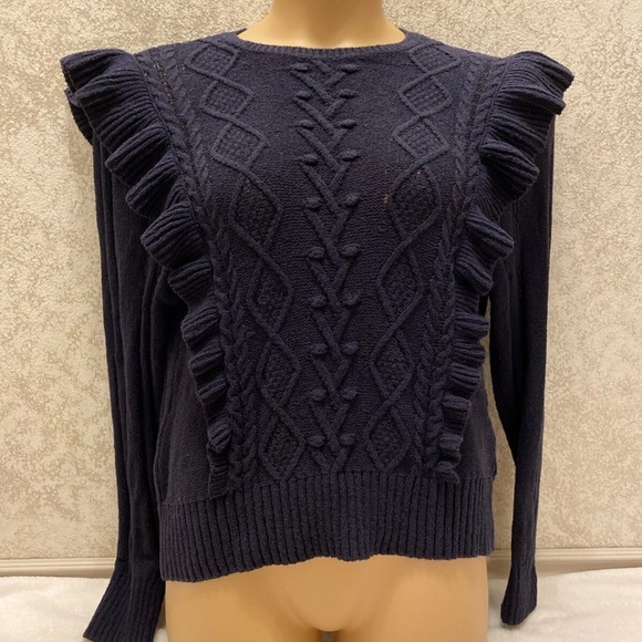 Express Navy Cable Knit Ruffle Sweater - Picture 1 of 13